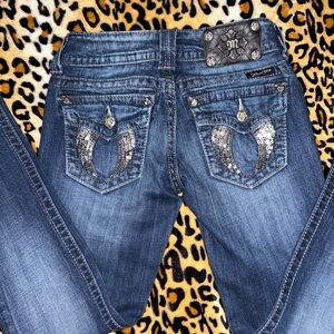 Y2k Miss Me Sequin Angel Wings Embellished Low Rise Blue Denim Jeans